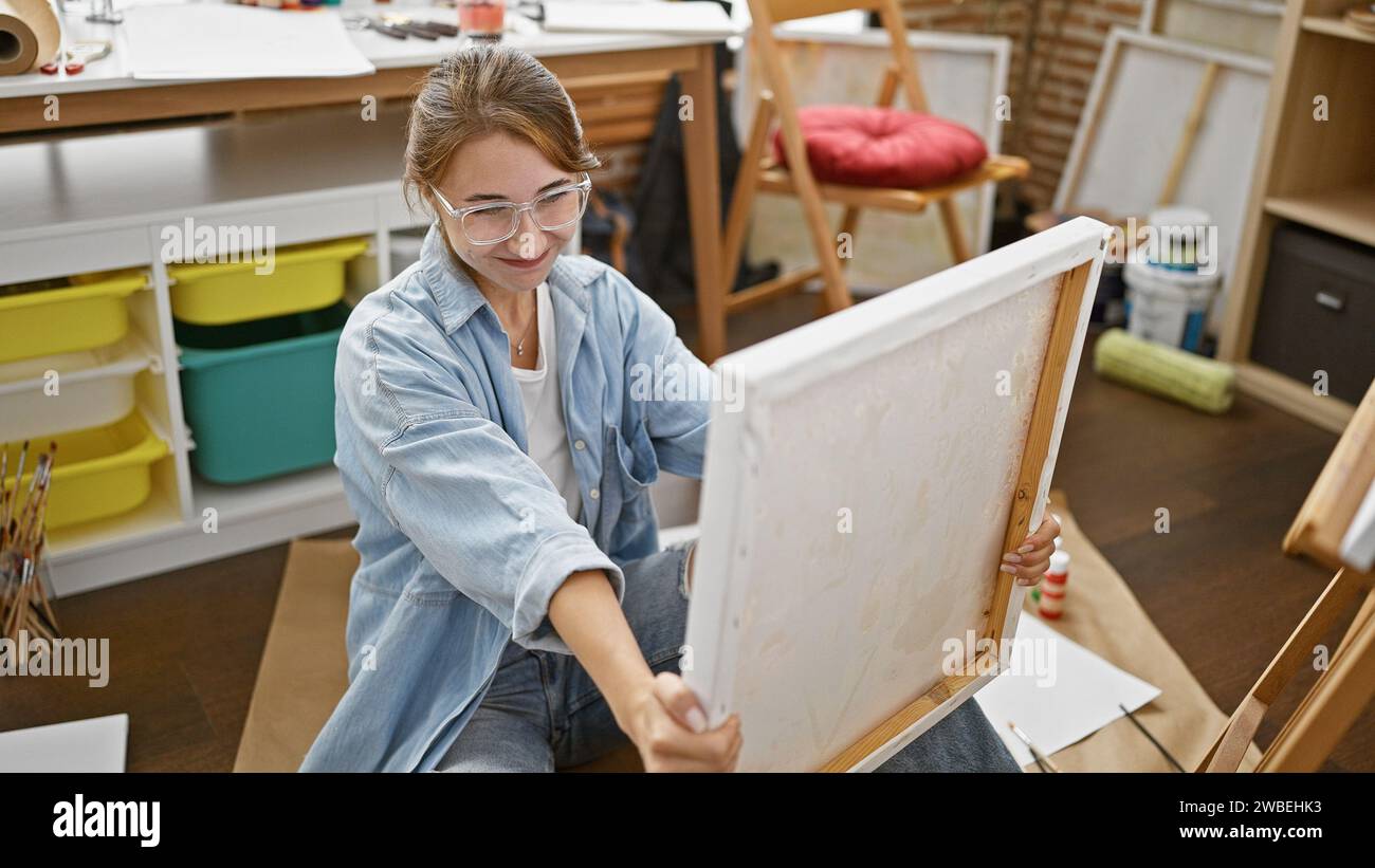 Young woman artist looking draw sitting on floor at art studio Stock ...