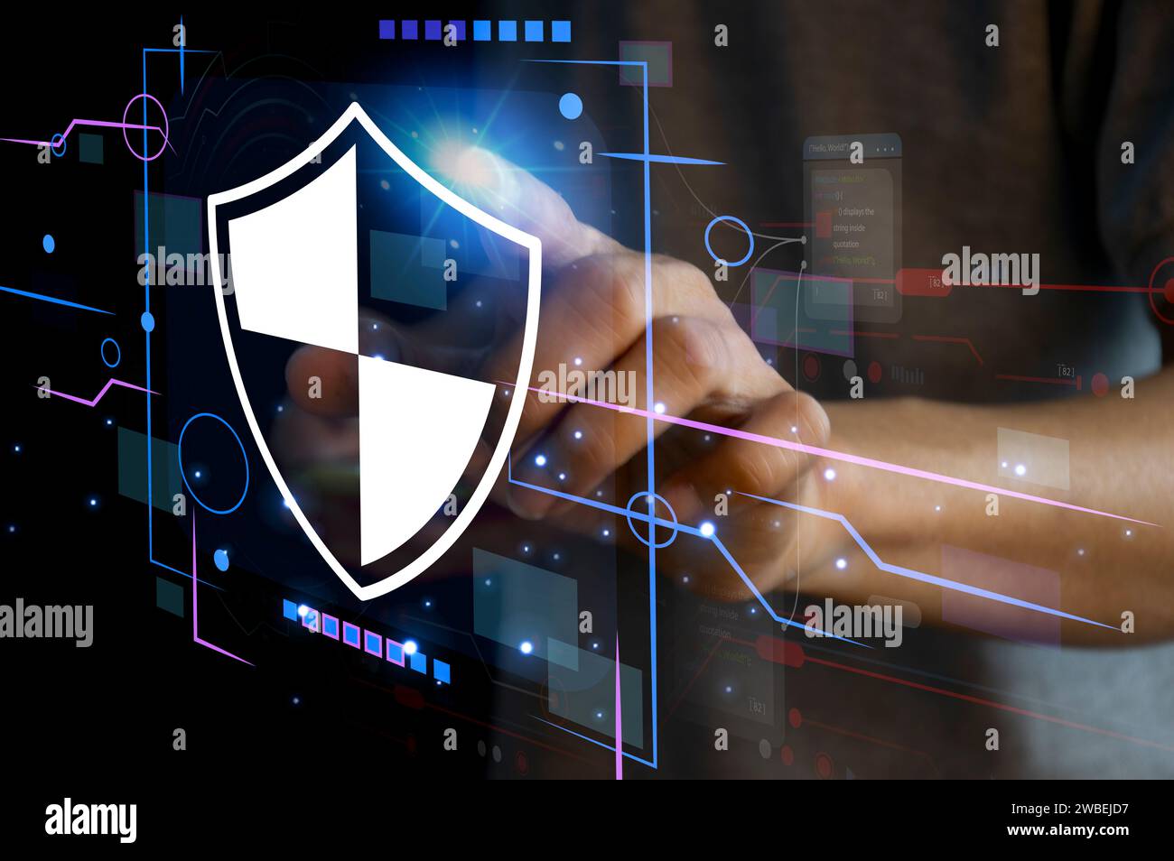 Keypad, cyber shield, lock, technology security system. Digital link. Cyber security with advanced technology. Stock Photo