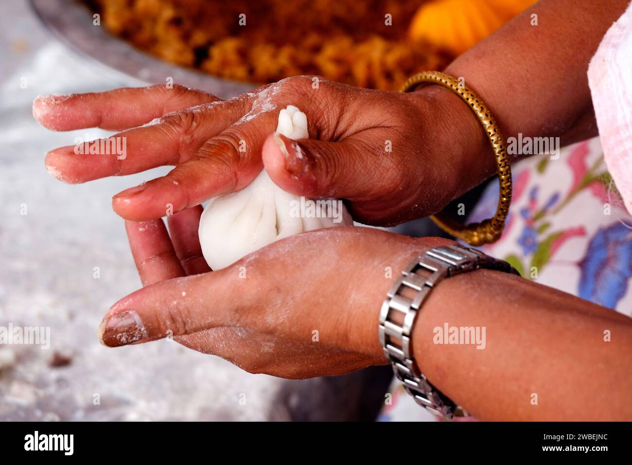 Ukadiche modak - made from rice flour and coconut jaggery filling, modak indian festival recipes make on ganesh chaturthi, utsav. Stock Photo