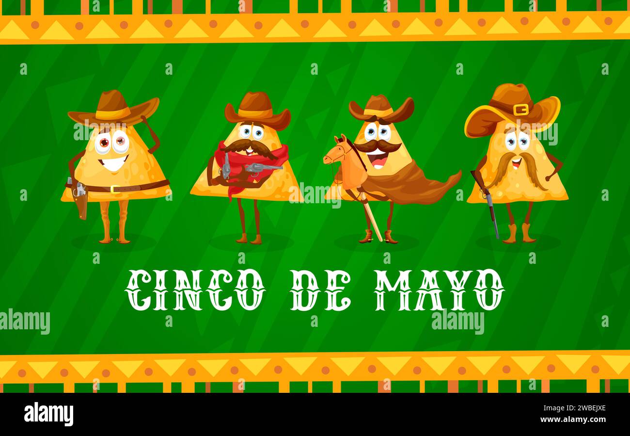 Mexican cinco de mayo banner with nachos chip cowboy characters. Vector