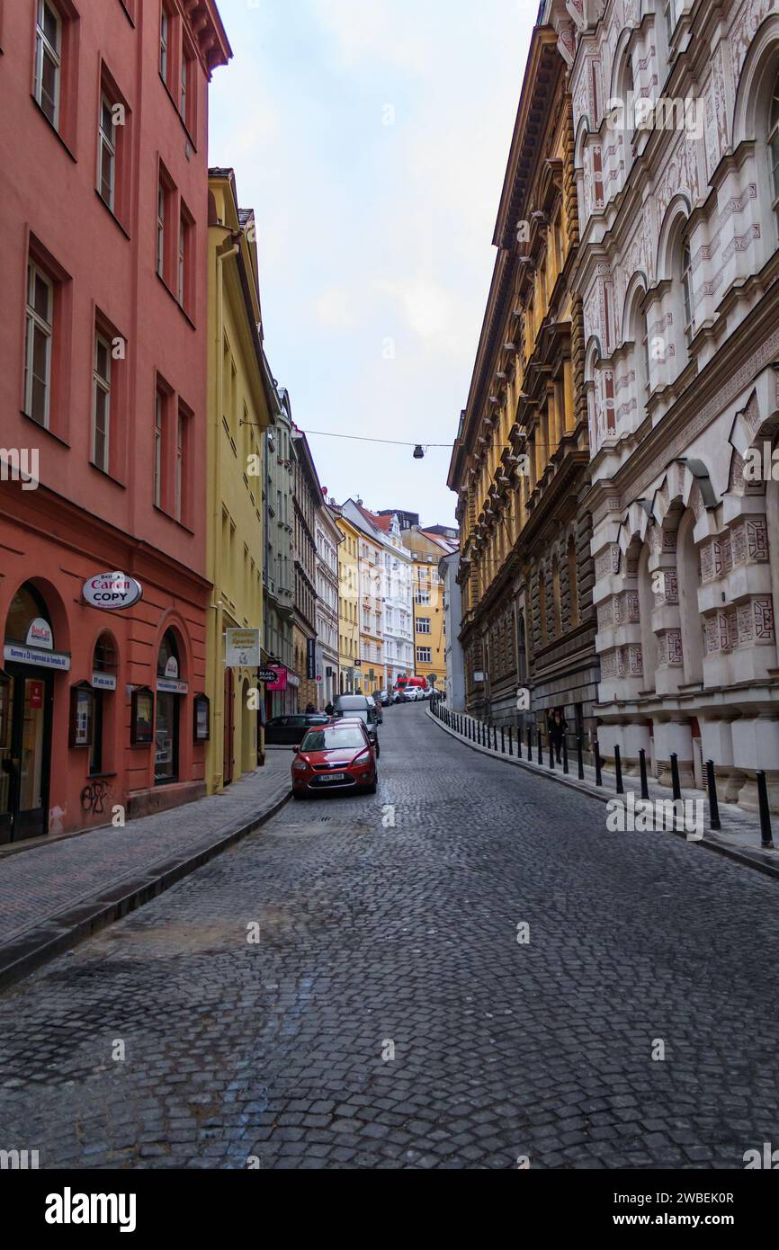 Streets scene of Prague city in winter with buildings Stock Photo