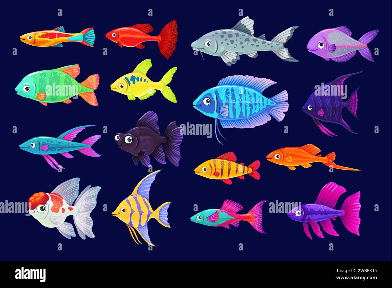 Cartoon aquarium fishes. Vector goldfish, swordtail fish, flower horn fish. Telescope, catfish with scalar, angel fish and guppy with green tiger barb, tropical colorful underwater exotic animals set Stock Vector