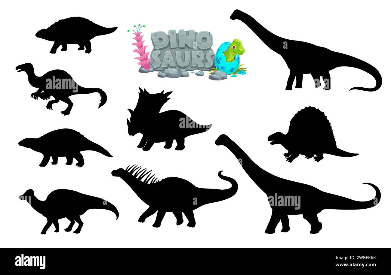 Cartoon dinosaurs comical characters silhouettes. Pelorosaurus, Deinocheirus, Chasmosaurus Jurassic era reptiles, Nodosaurus and Hypacrosaurus, Dimetrodon dinosaurs vector personage silhouettes Stock Vector