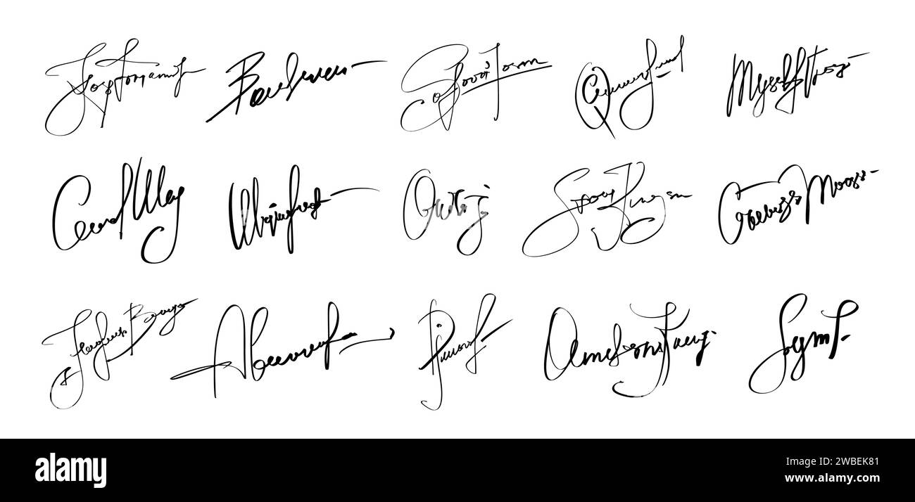 Autograph signatures pack, name facsimile handwritten by pen names, isolated vector set. Document signatures of personal name letters and surname in handwriting or facsimile for fake example Stock Vector