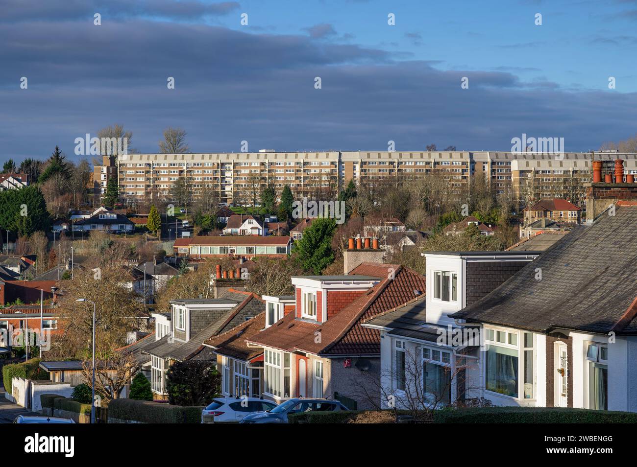 View across social and private housing in the Giffnock area, Glasgow, Scotland, UK, Europe Stock Photo
