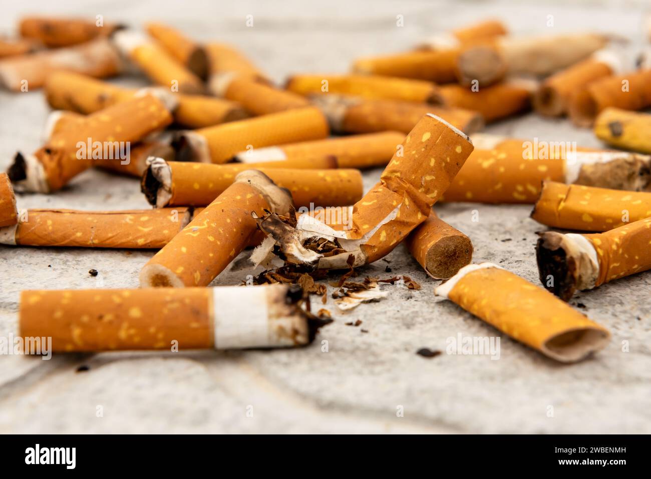 Cigarettes, matches and cigarette butts are scattered on the asphalt