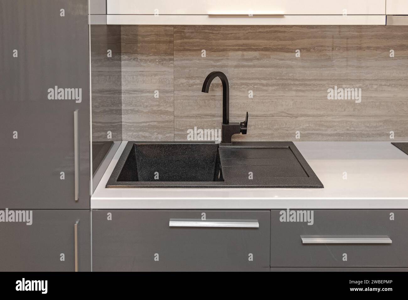 Dark Style Black Sink and Tap Water Set at Modern Kitchen Counter Stock ...