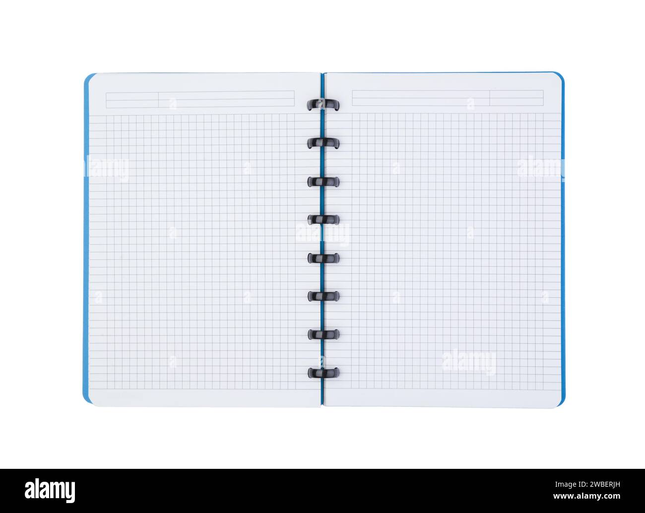New blue opened notebook isolated on white. Stock Photo