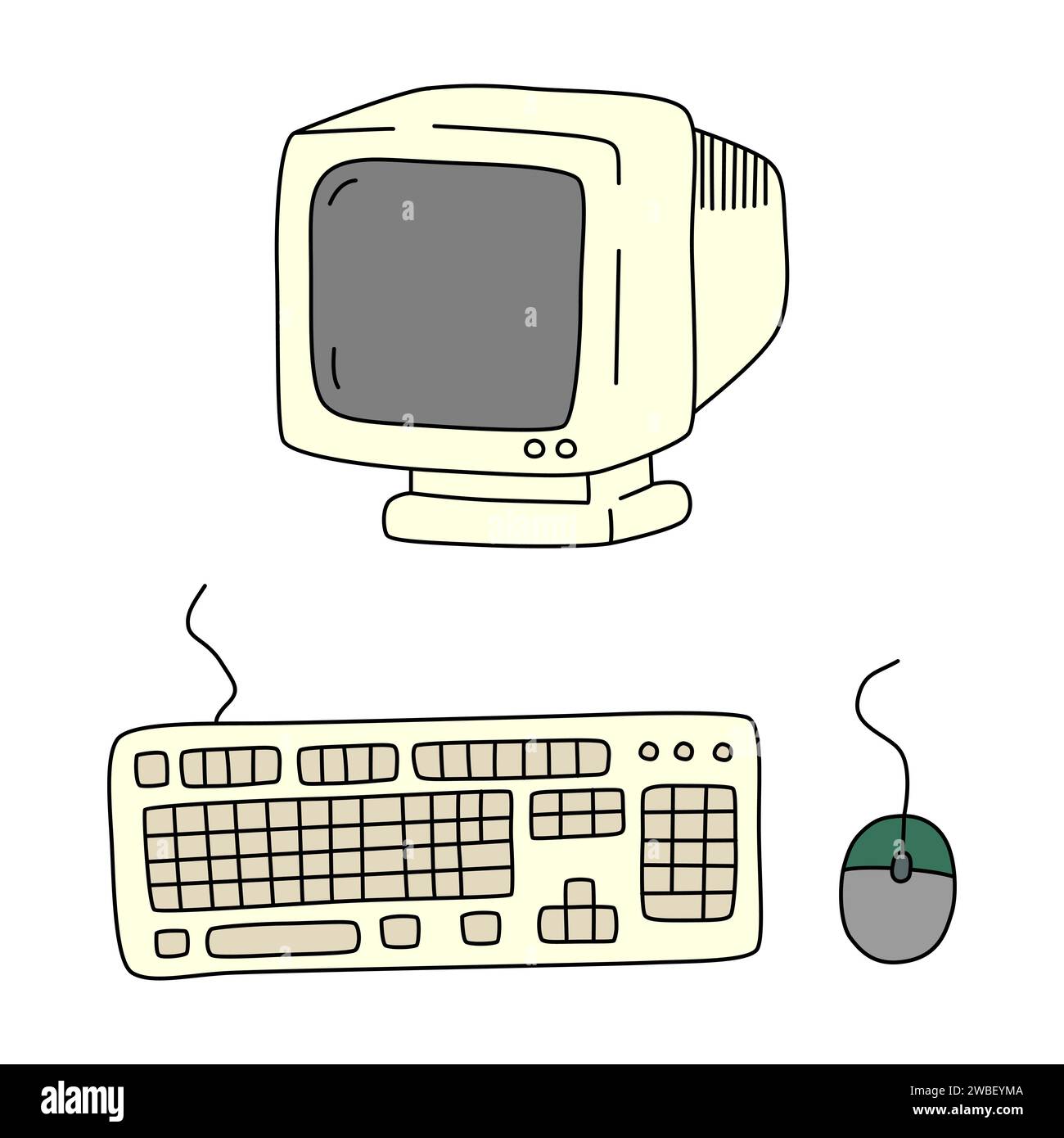 Monitor, keyboard and computer mouse in cartoon style. Vector