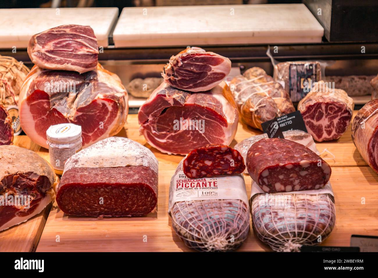 Lyon, France - January 30, 2022: Gourmet food sold at Les Halles de Lyon Paul Bocuse, built in 1971 in the 3rd arrondissement of Lyon, Auvergne-Rhone- Stock Photo