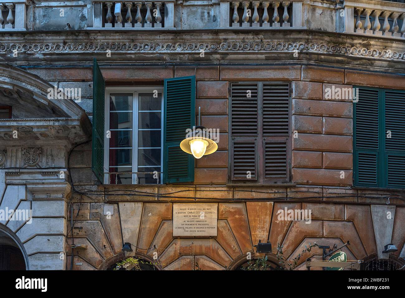 Detailed view with memorial plaque of the former home of Cesare Cerruti, 1820 -1905, Italian politician, Genoa, Italy Stock Photo