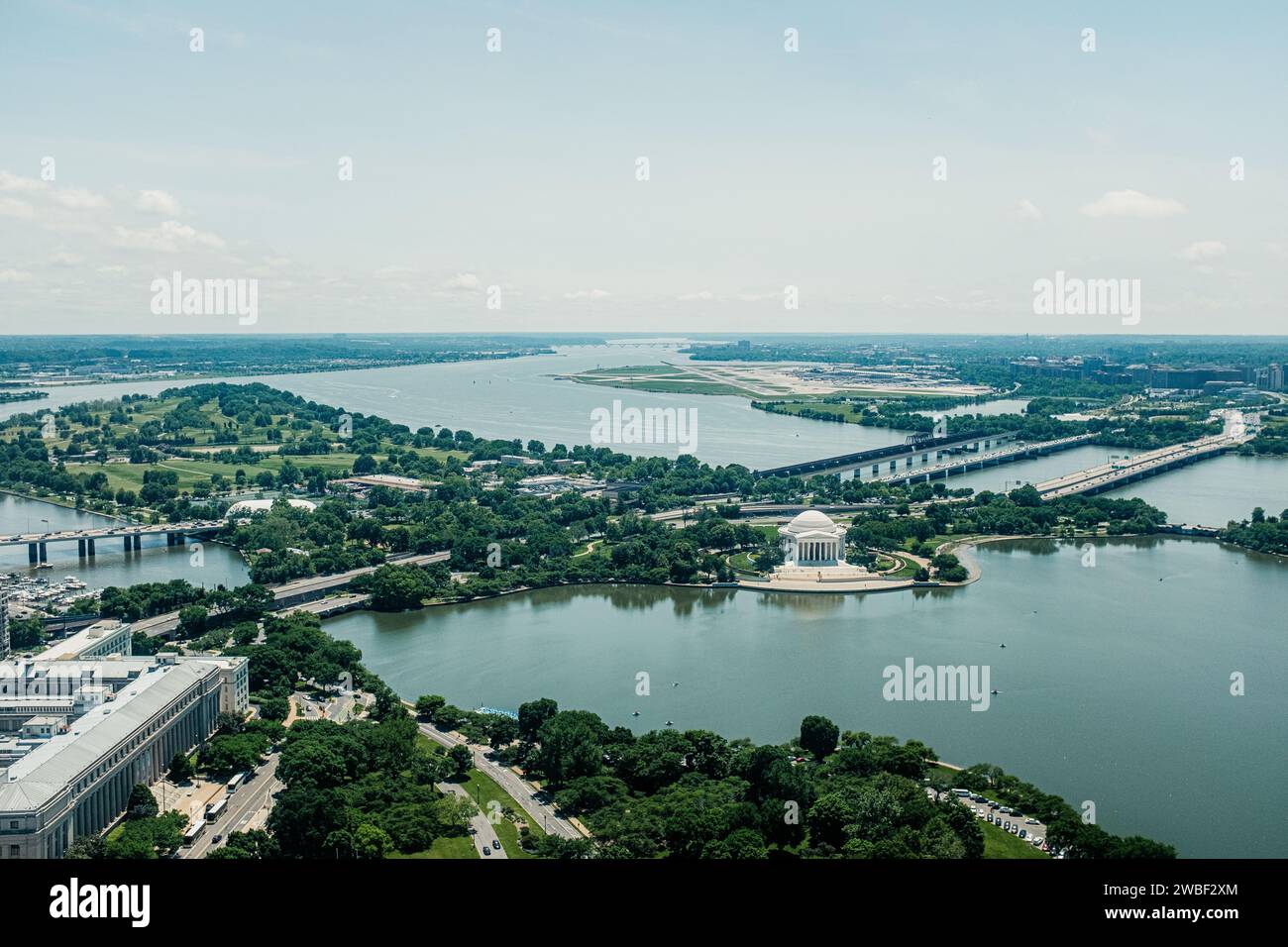 High angle view of Washington D.C. featuring the Jefferson Memorial and Ronald Reagan Washington National Airport. Stock Photo