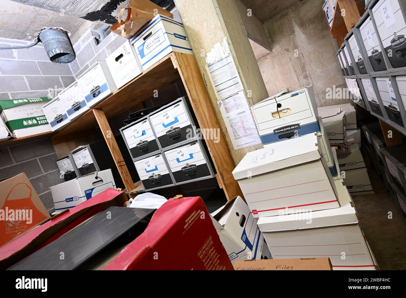 The records storage room of a local non-profit with business records dating back to the mid-'70's is emblematic of many organizations that fail to follow prudent records storage and destruction protocol. ©Bob Daemmrich Stock Photo