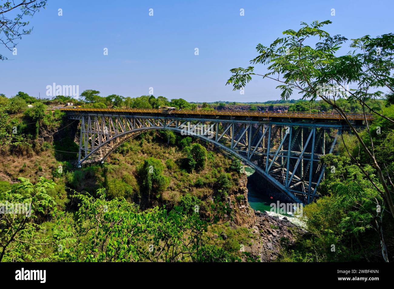 Zimbabwe, Matabeleland North province, Zambezi River at Victoria Falls, listed as UNESCO World Heritage, the border bridge between Zambia and Zimbabwe Stock Photo