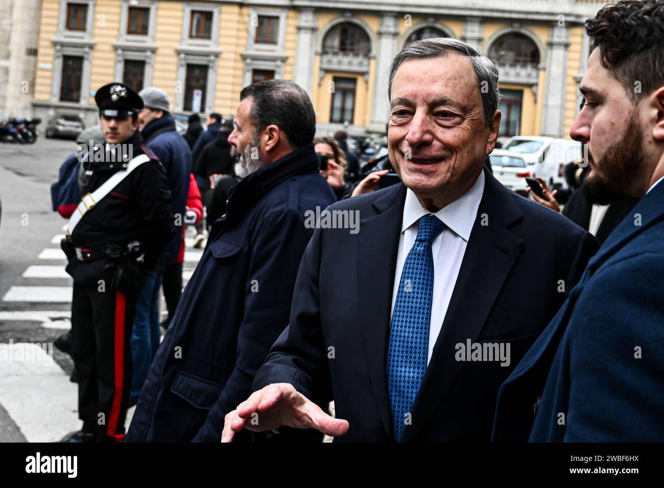 Former Italian Prime Minister and former European Central Bank president, Mario Draghi, arrives to meet a delegation of ERT, the European round table for industry at the headquarter of Bank of Italy in Milan, Italy on January 10, 2024 Credit: Piero Cruciatti/Alamy Live News Stock Photo