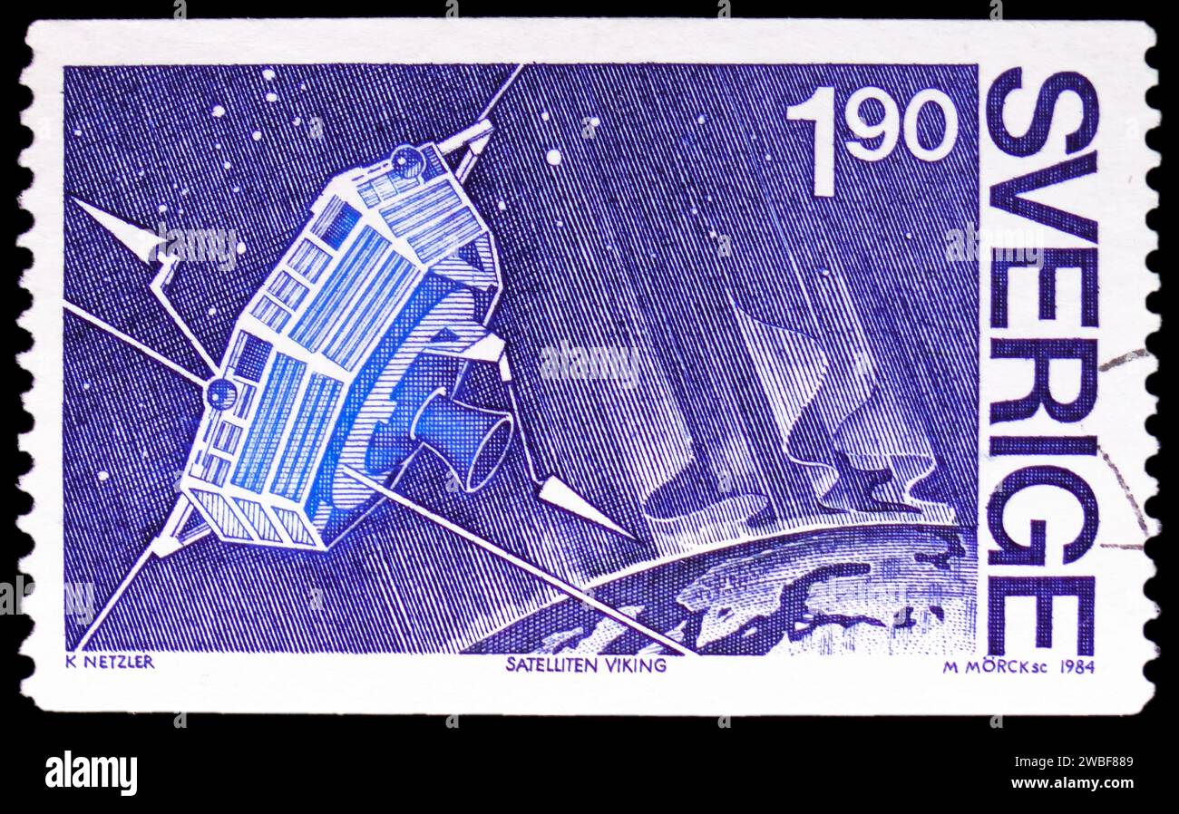 MOSCOW, RUSSIA - DECEMBER 17, 2023: Postage stamp printed in Sweden shows Viking Satellite Project, serie, circa 1984 Stock Photo