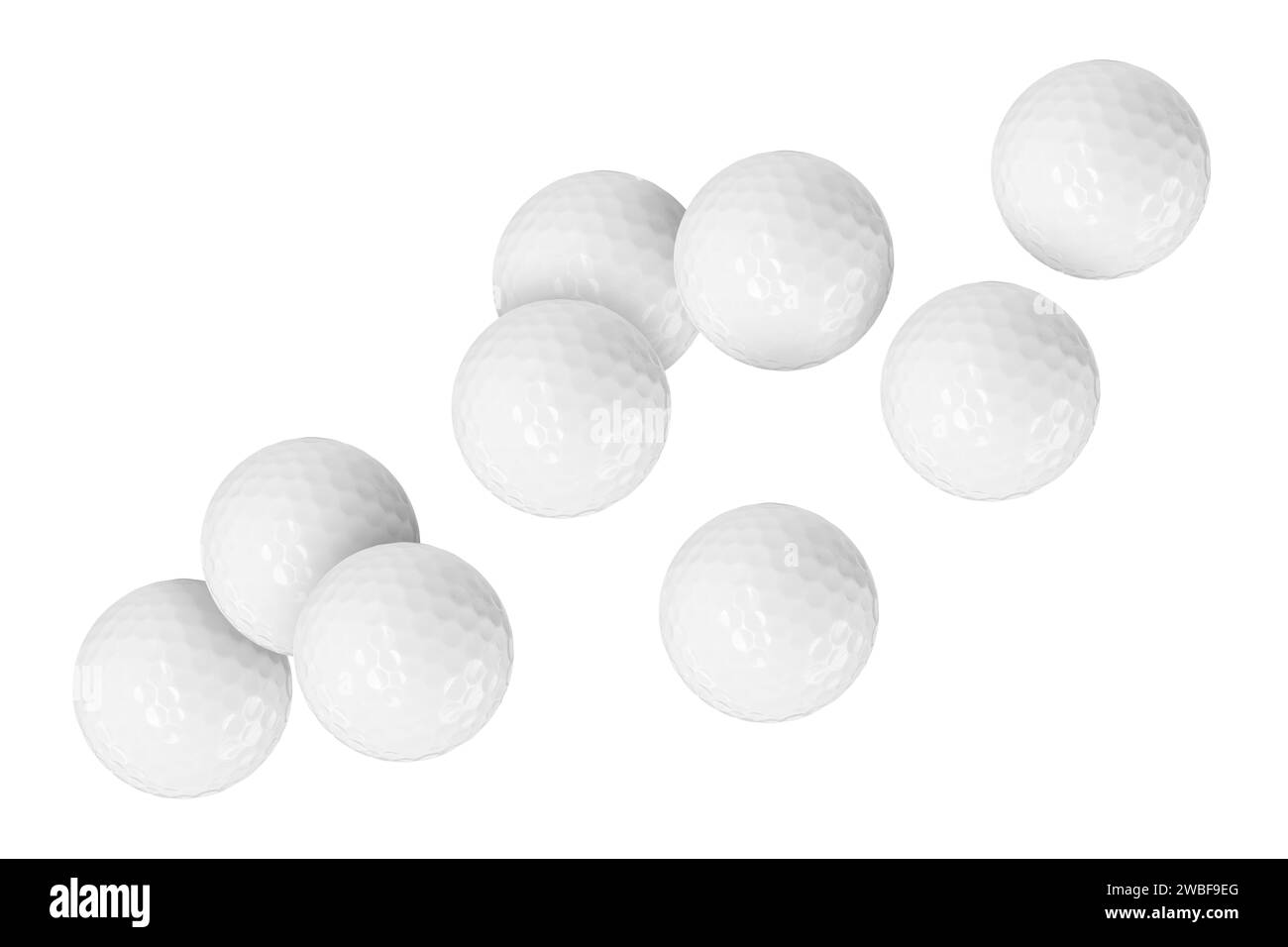 Many golf balls flying on white background Stock Photo - Alamy