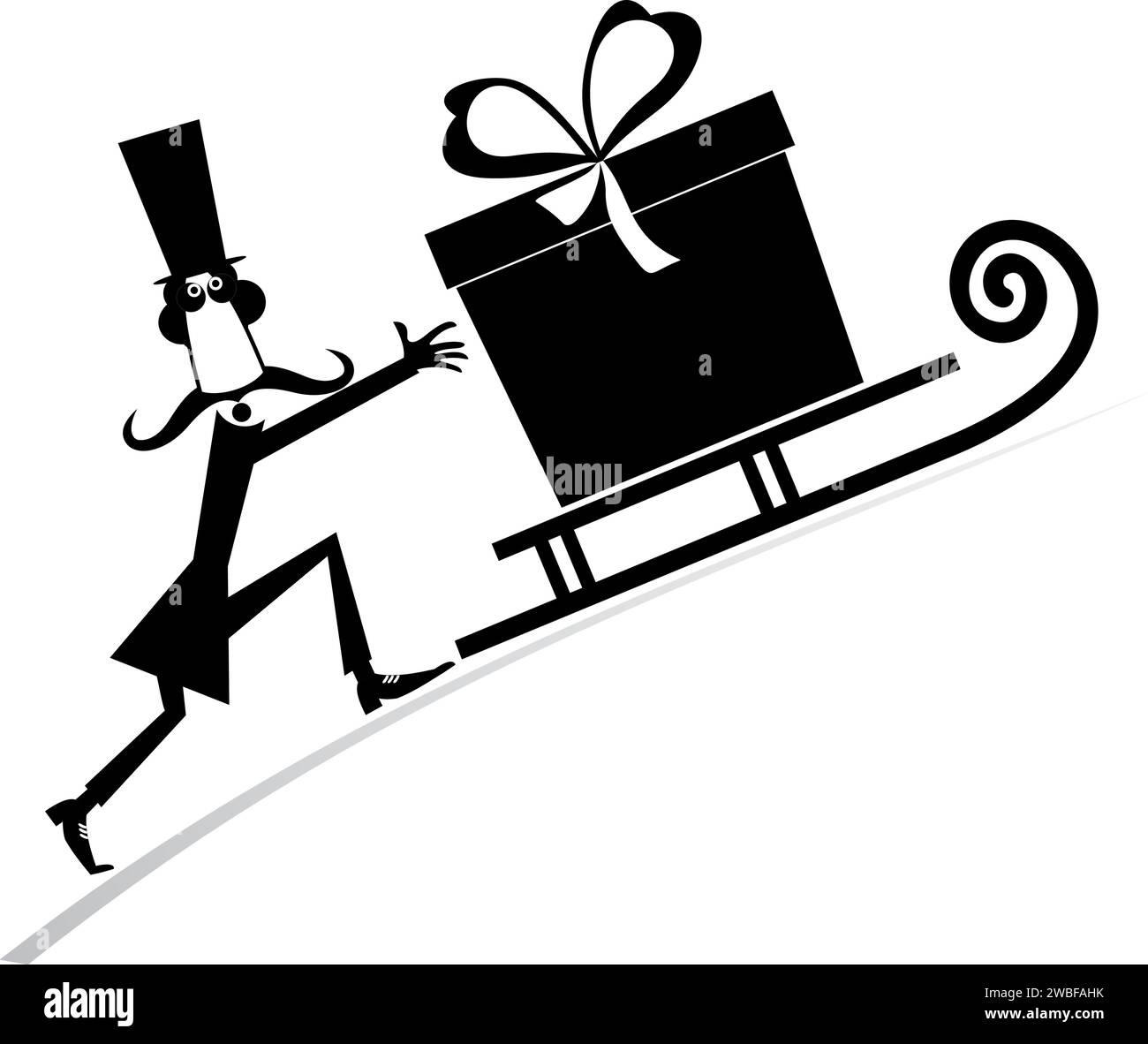 Funny man in the top hat. Big gift box. Cartoon long mustache gentleman