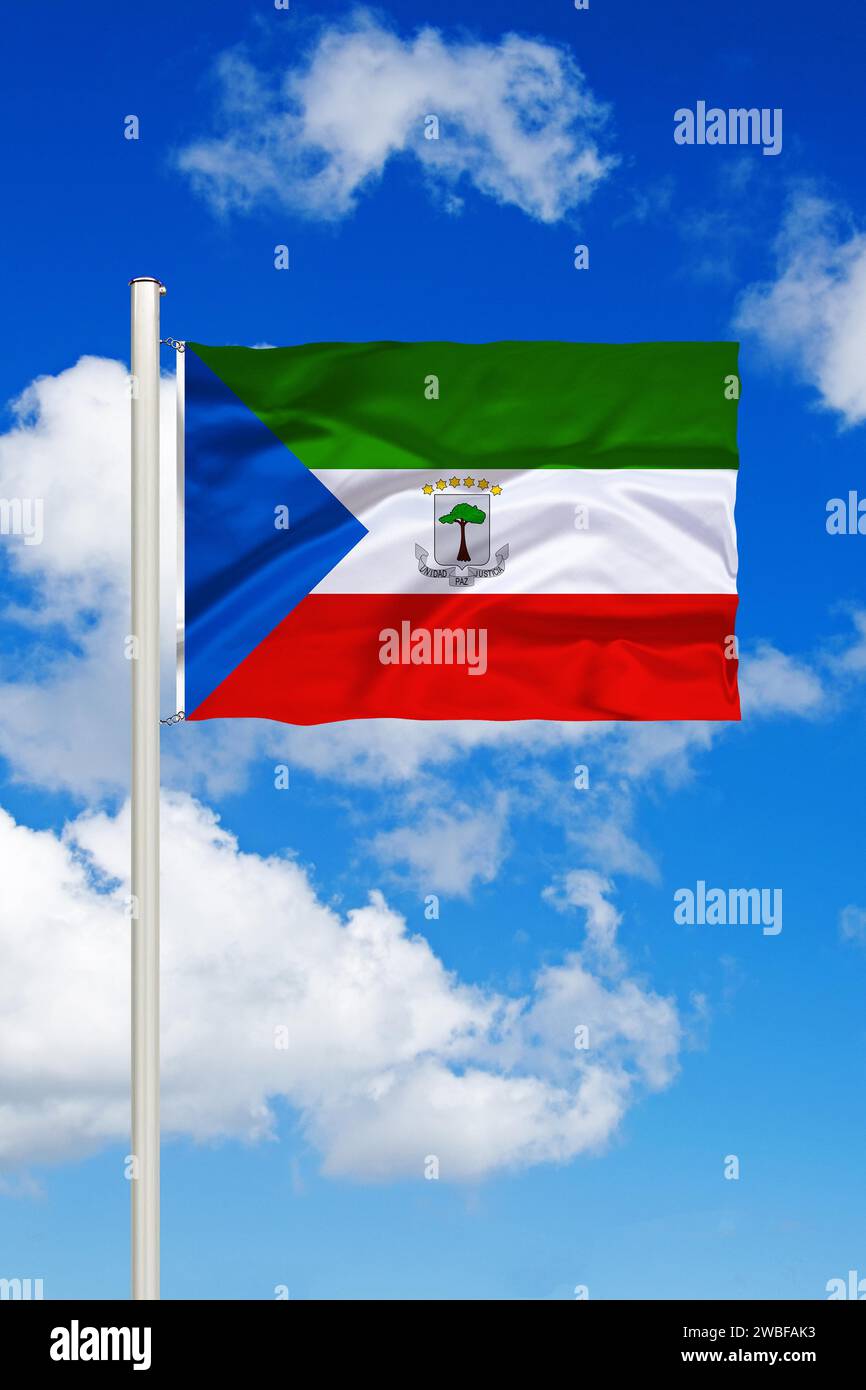 The flag of Equatorial Guinea. The capital is Malabo. The currency is the CFA franc. The country is located in Sub-Saharan Africa, Studio Stock Photo