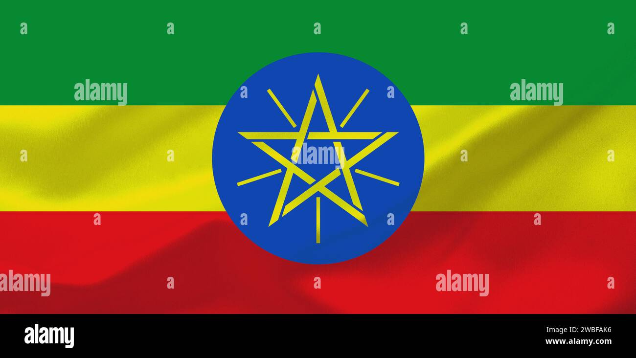 The flag of Ethiopia. The Republic of Ethiopia is a country in East Africa. The capital is Addis Ababa. The currency is the Ethiopian Birr, Studio Stock Photo