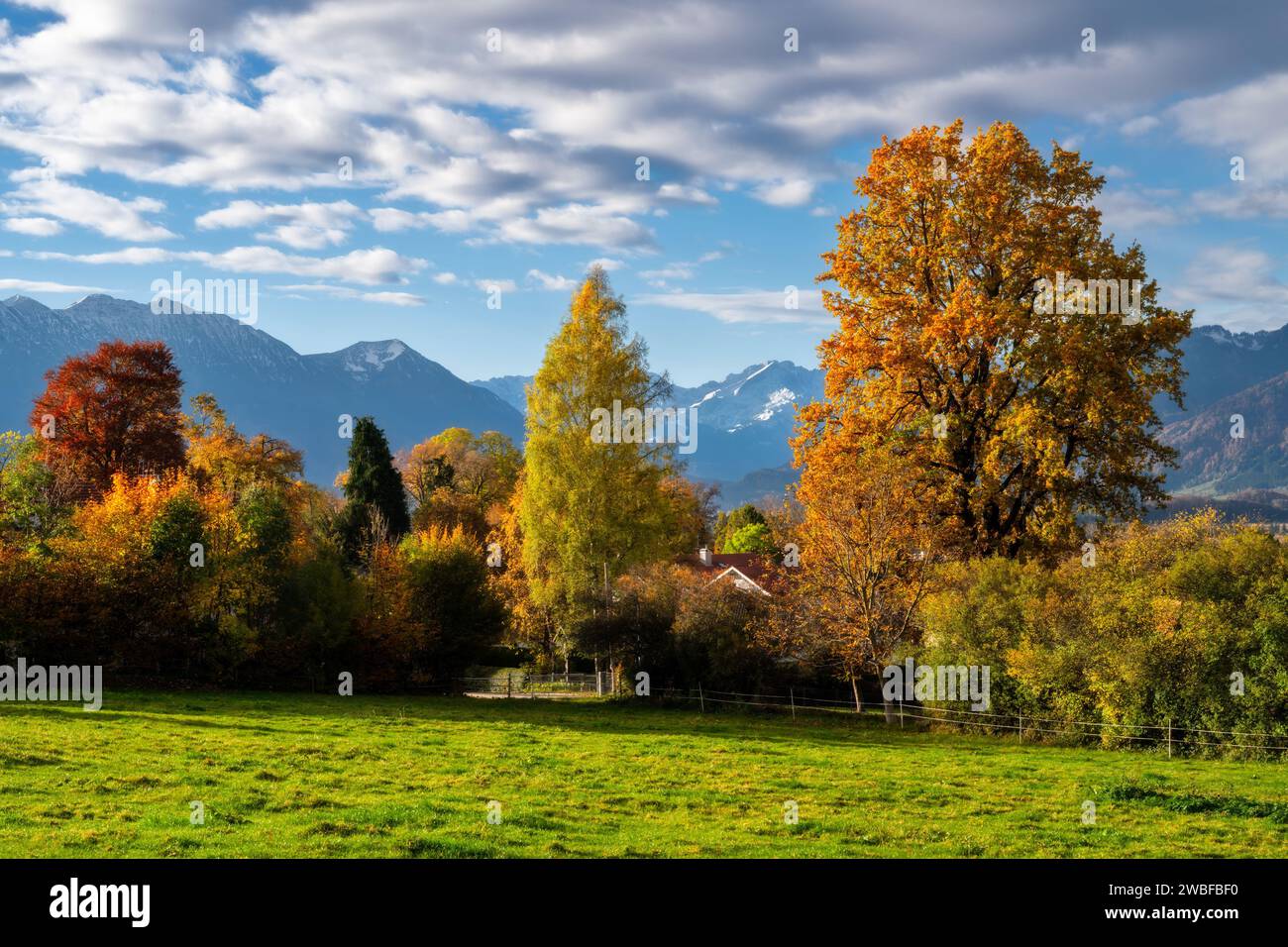 Autumn scenic with the view from the town Murnau to the alps Stock Photo