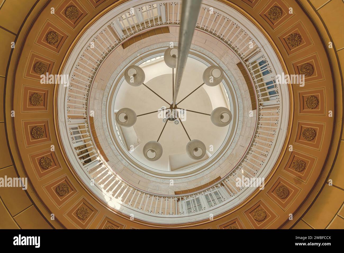 Underside of a large ceiling dome with fine geometric patterns and central lighting, Schachtrupp Villa, Lost Place, Osterode am Harz, Lower Saxony Stock Photo