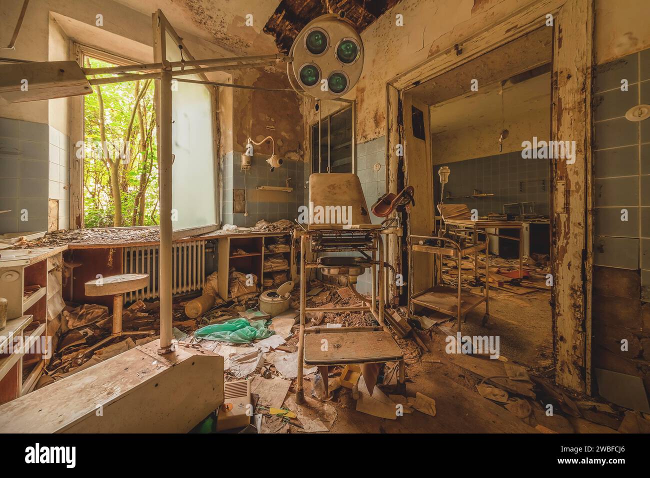 Abandoned hospital room with debris and outdated medical equipment, urologist's villa Dr Anna L., Lost Place, Bad Wildungen, Hesse, Germany Stock Photo