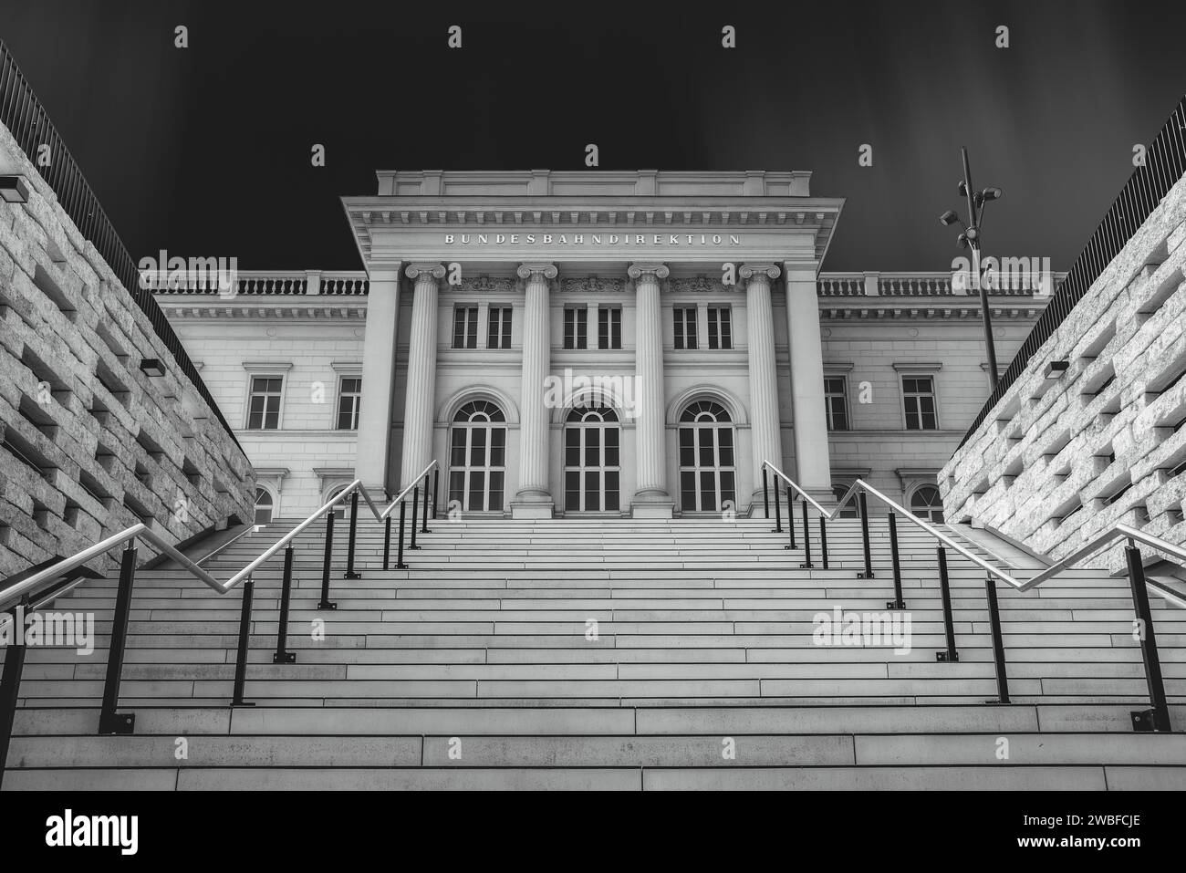 Monochrome image of a historic building with columns and staircase, Federal Railway Headquarters, Wuppertal Elberfeld, North Rhine-Westphalia, Germany Stock Photo