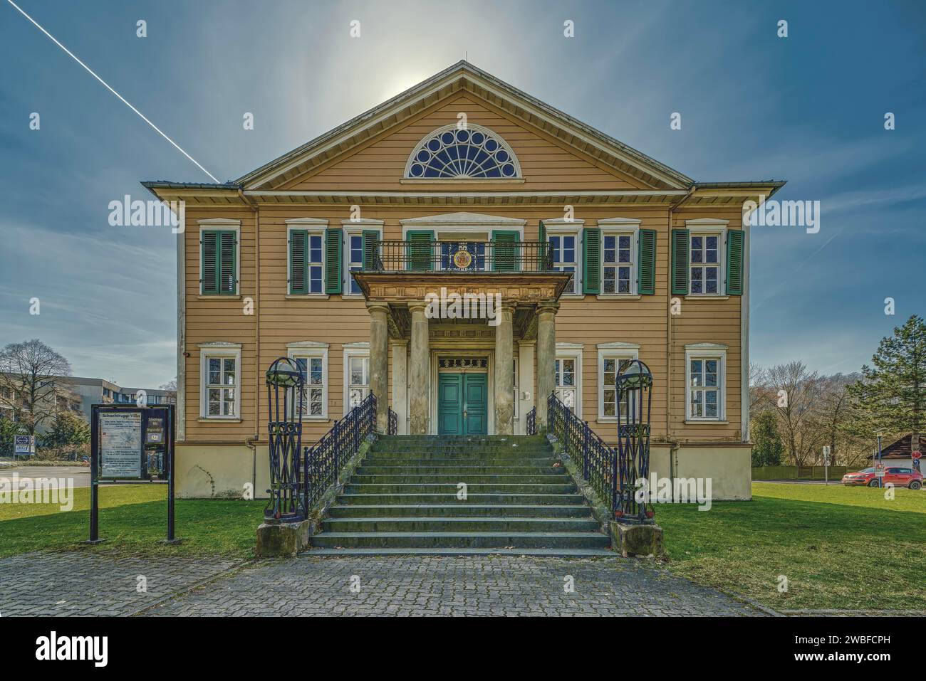 A classicist villa with steps and a symmetrical facade under a clear sky, Schachtrupp Villa, Lost Place, Osterode am Harz, Lower Saxony, Germany Stock Photo