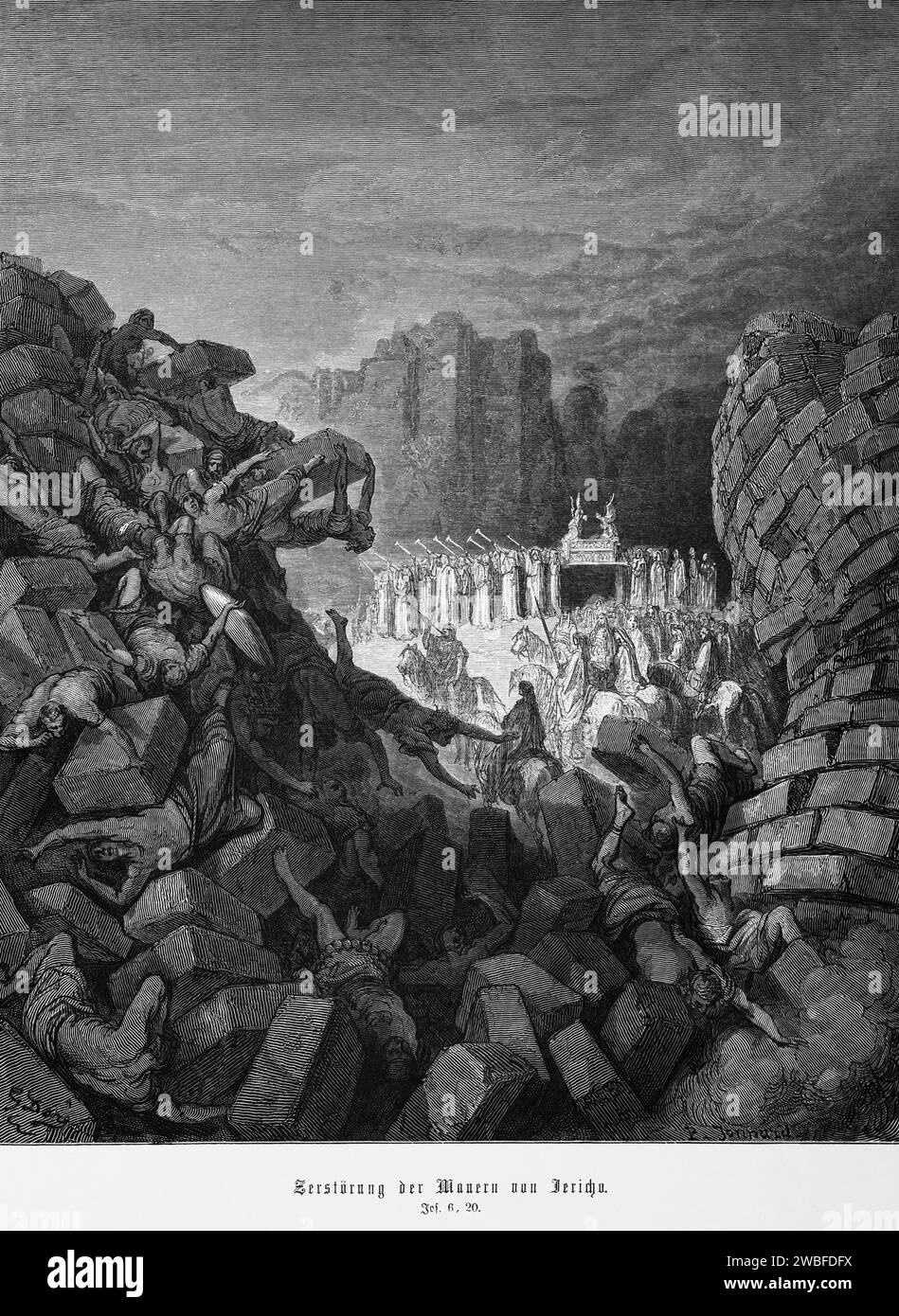 Destruction of the walls of Jericho, Book of Joshua, Chapter 6, chaos, confusion, dead, injured, wall, boulders, music, wind instruments, trumpets Stock Photo