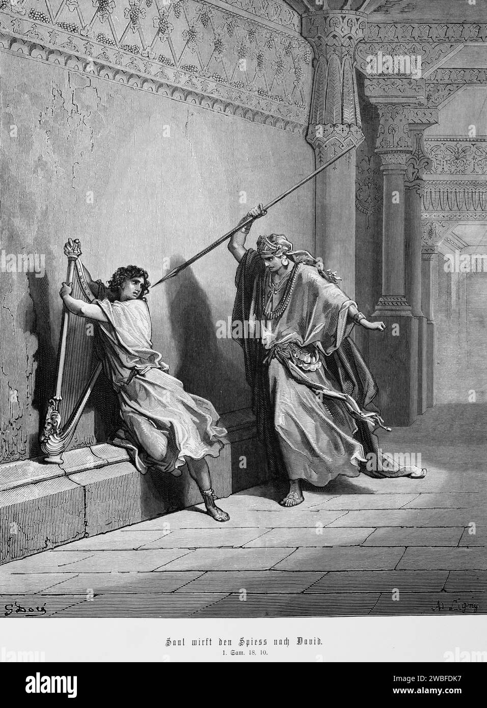 Saul throws the spear at David, 1st book of Samuel, chapter 18, harp, temple room, sitting, spear, kill, murder, fear, Bible, Old Testament Stock Photo