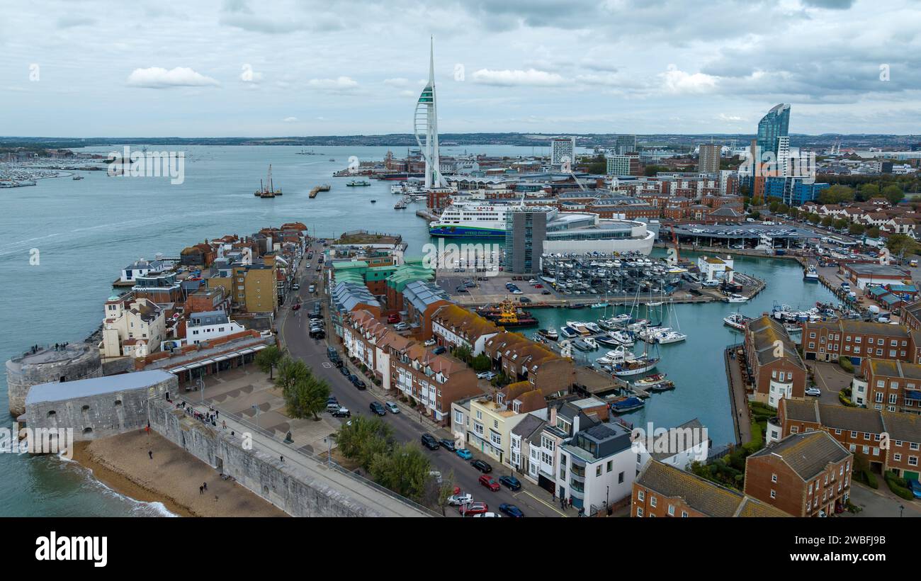 Aerial view of Spice Island in Portsmouth. Great views across the Camber Docks and Gunwharf. Lots of movement on sea and land. Stock Photo