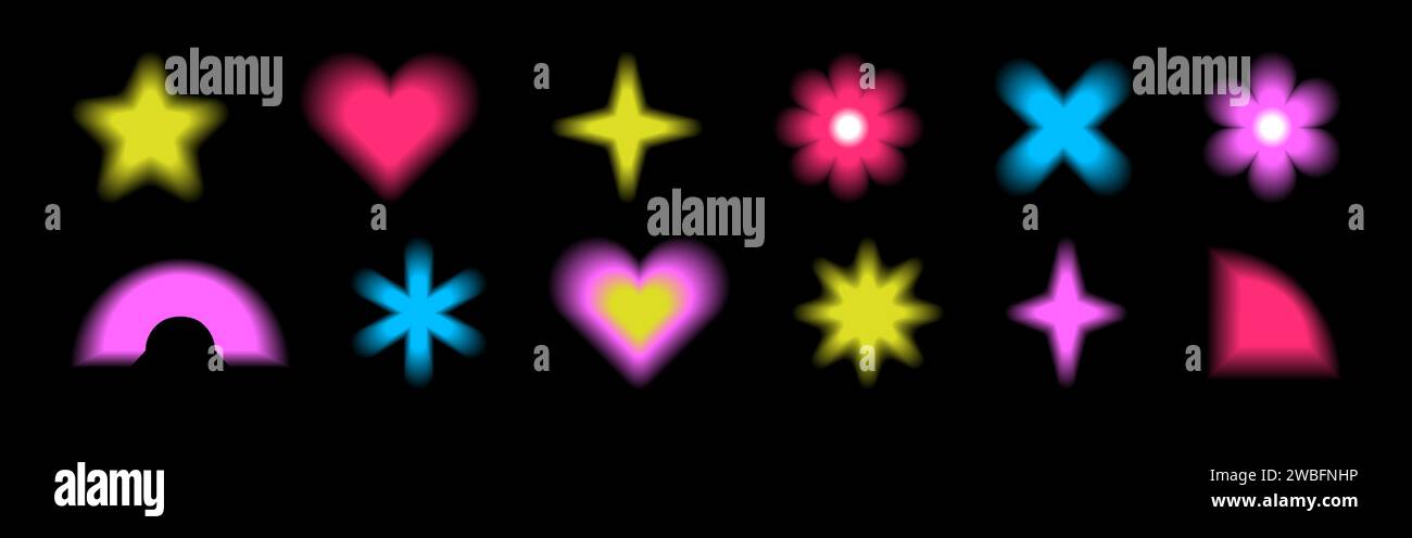 Y2k gradient trendy shapes. Blurred colored geometric cute form with aura. Pack of vector elements with color gradation. Stock Vector