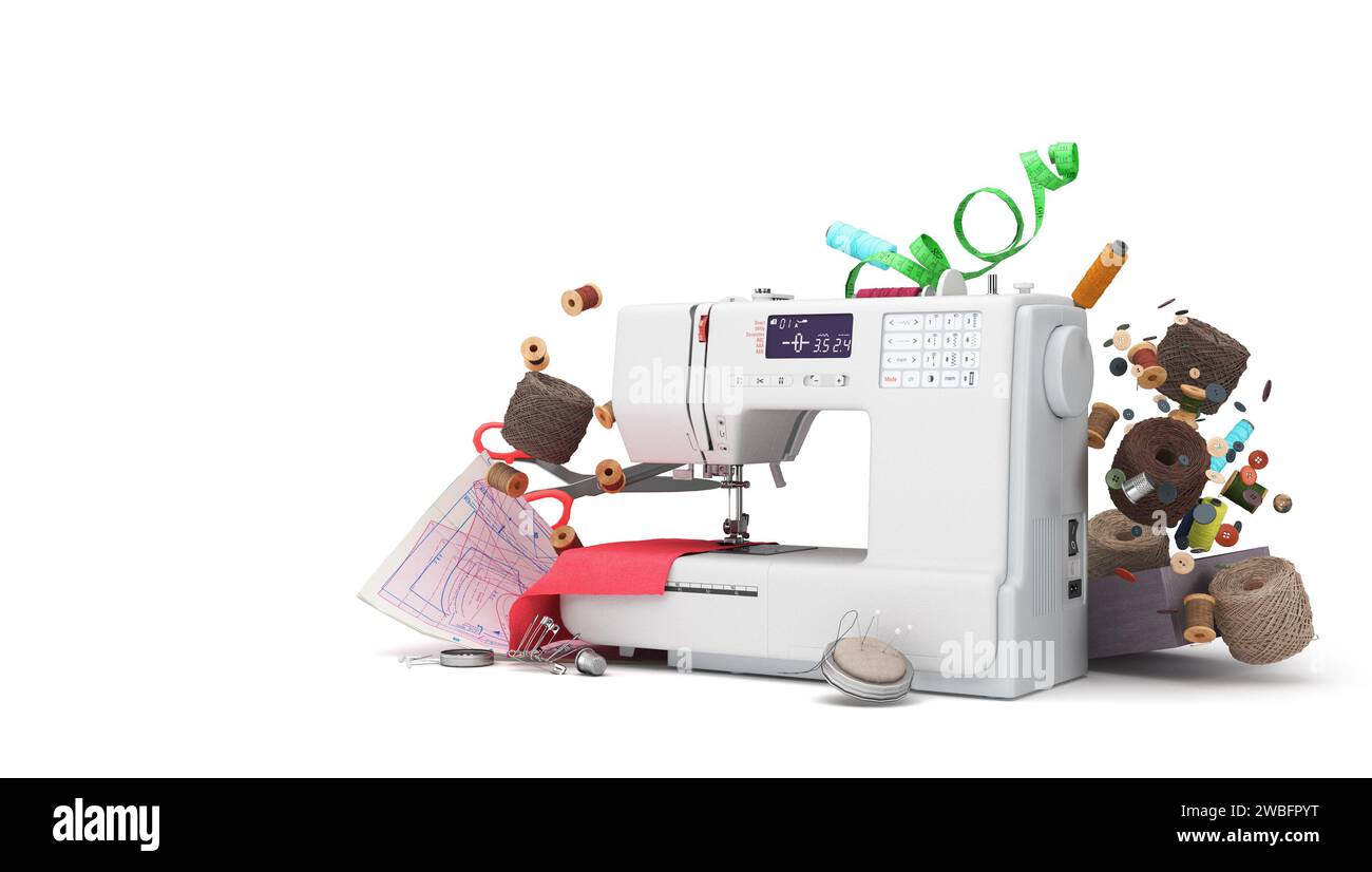 New sewing machine and accessories 3d render on white background Stock Photo