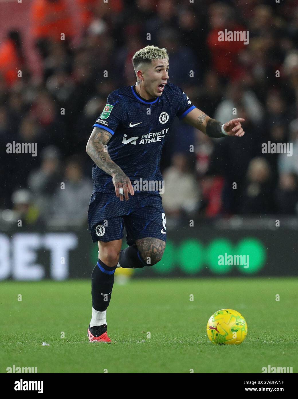 Enzo Fernandez of Chelsea during the Carabao Cup Semi Final 1st Leg match between Middlesbrough and Chelsea at the Riverside Stadium, Middlesbrough on Tuesday 9th January 2024. (Photo: Mark Fletcher | MI News) Credit: MI News & Sport /Alamy Live News Stock Photo