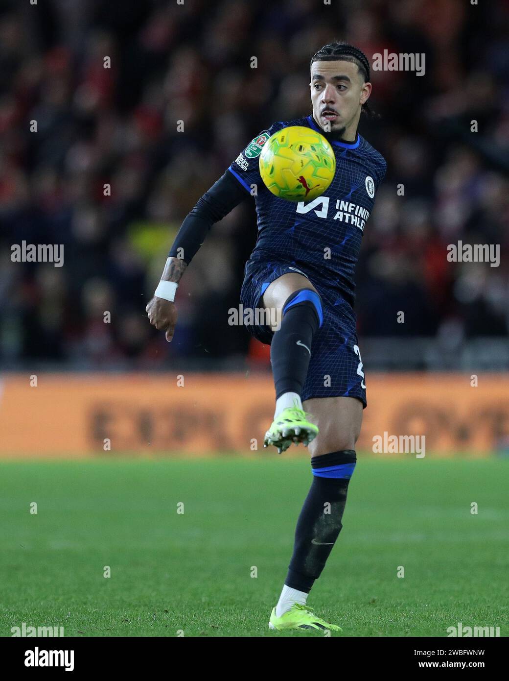 Malo Gusto of Chelsea during the Carabao Cup Semi Final 1st Leg match between Middlesbrough and Chelsea at the Riverside Stadium, Middlesbrough on Tuesday 9th January 2024. (Photo: Mark Fletcher | MI News) Credit: MI News & Sport /Alamy Live News Stock Photo