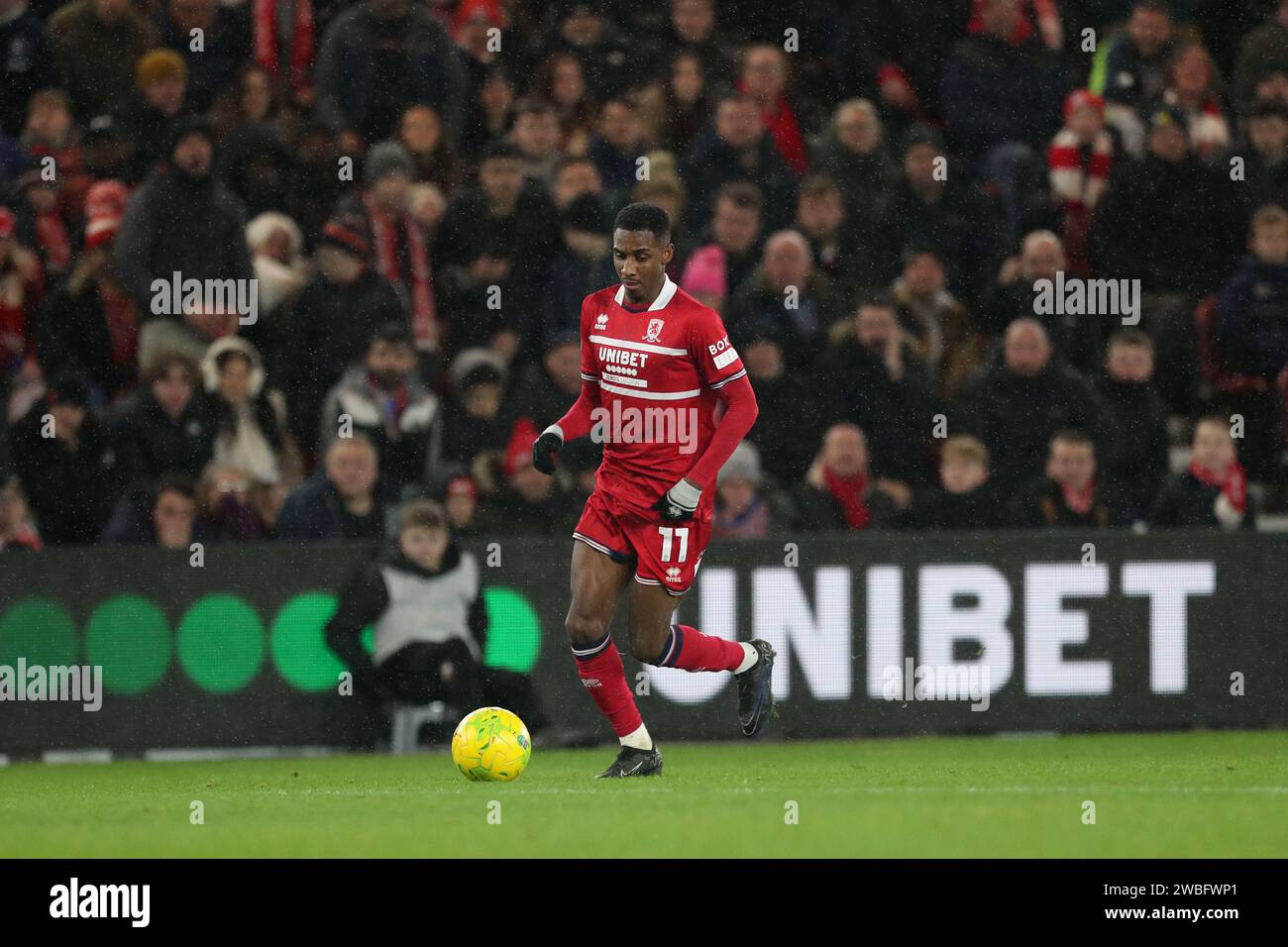 Isaiah Jones of Middlesbrough during the Carabao Cup Semi Final 1st Leg match between Middlesbrough and Chelsea at the Riverside Stadium, Middlesbrough on Tuesday 9th January 2024. (Photo: Mark Fletcher | MI News) Credit: MI News & Sport /Alamy Live News Stock Photo