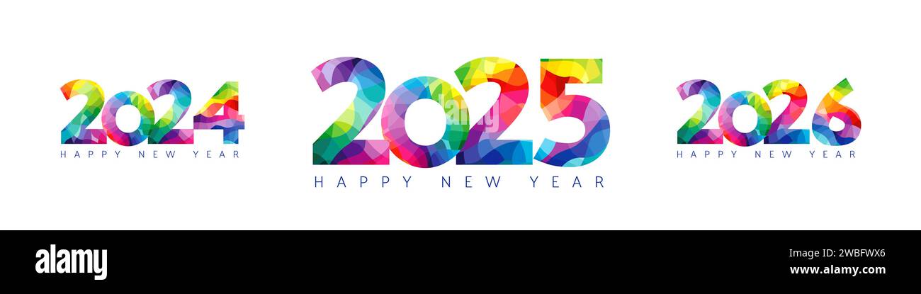 Colored facet set 2024, 2025, 2026 logo. Happy New Year 20 24, 25, 26 numbers, calendar template. Vector typography symbol icons Stock Vector