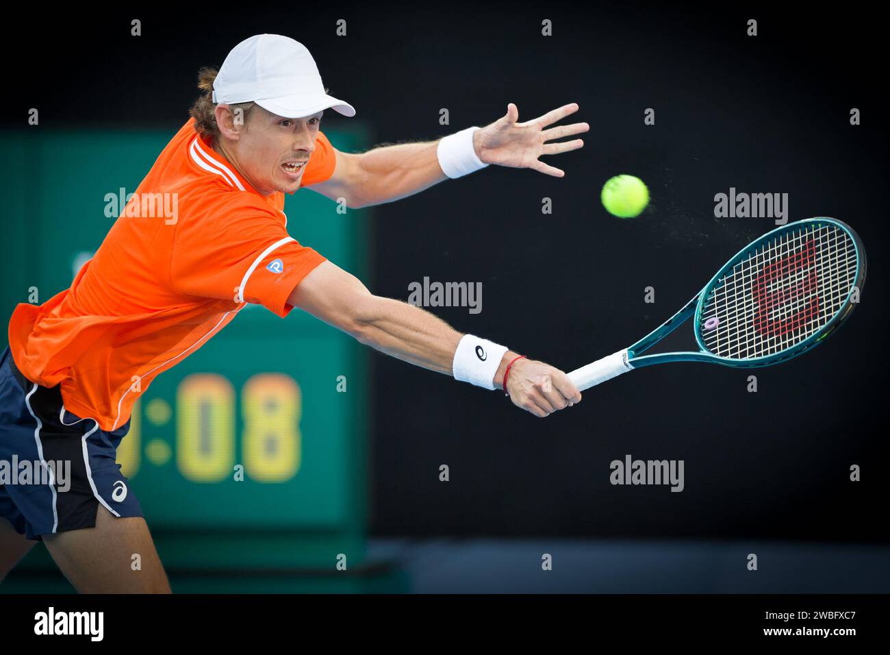 January 10, 2024: Alex de Minaur of Australia in action against Carlos Alcaraz of Spain on Rod Laver Arena in an exhibition match for the Australian Tennis Foundation ahead of the Australian Open which starts on 14 January. De Minaur won 6:4 7:5 10:3 Sydney Low/Cal Sport Media Stock Photo