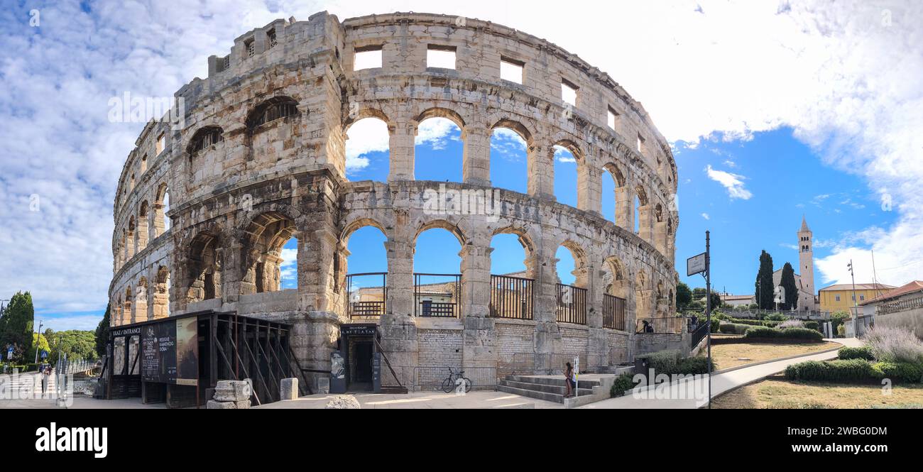 Pula, Croatia - August 22, 2022: Roman Amphitheater in Istria. Pula Arena in Europe. Panorama of City Landmark. Stock Photo