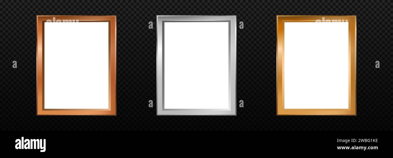 3d metallic photo frame. Golden bronze and steel picture frame Stock