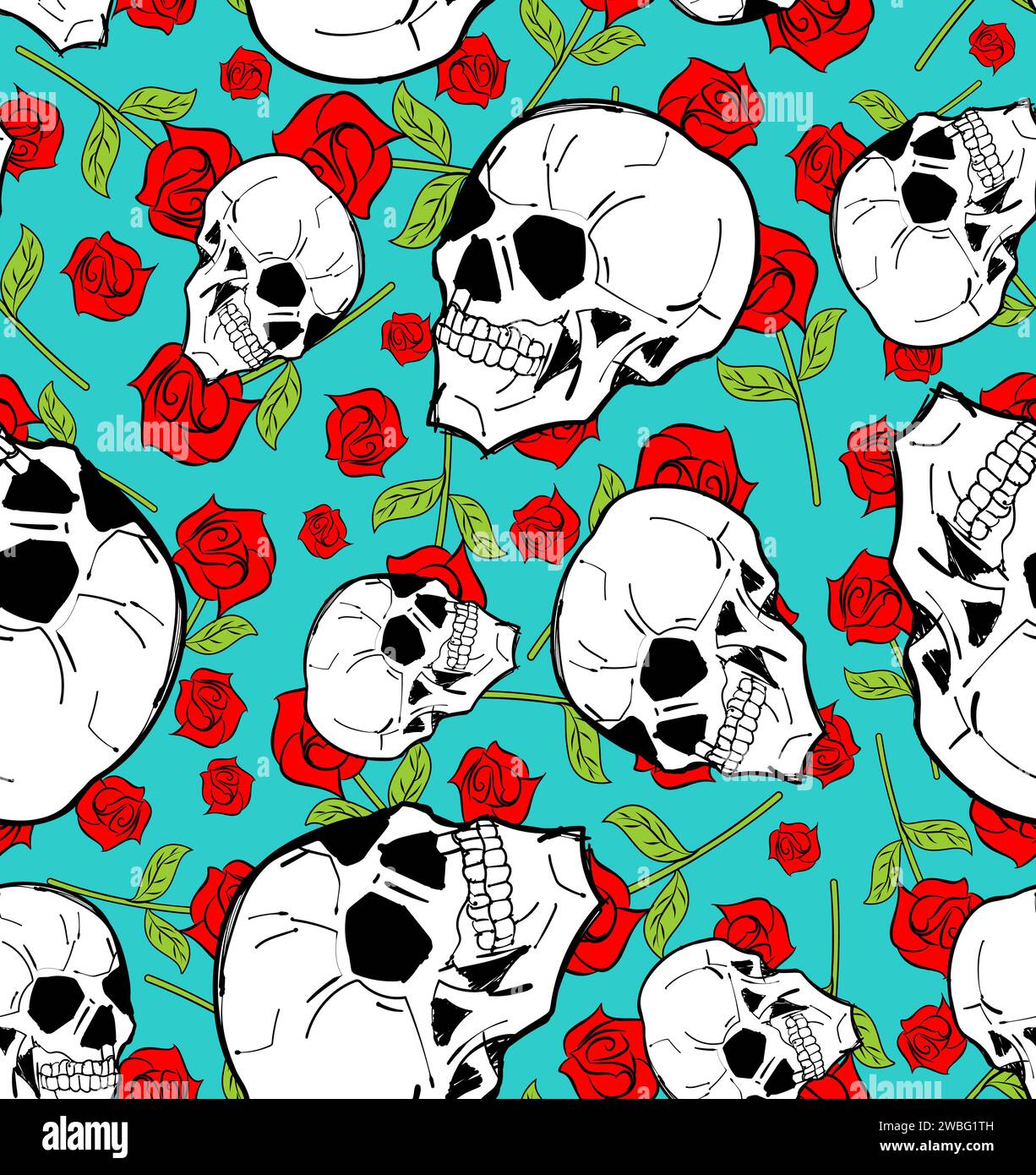 Skull with rose pattern seamless. Skeleton head and flower background