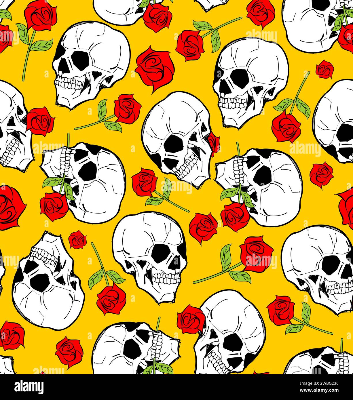 Skull with rose pattern seamless. Skeleton head and flower background