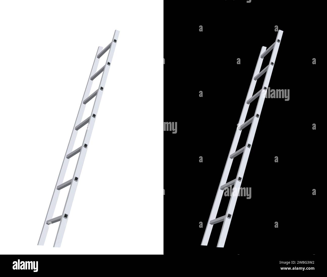 Side view illustration of metal aluminum ladder on an isolated white and black background Stock Photo