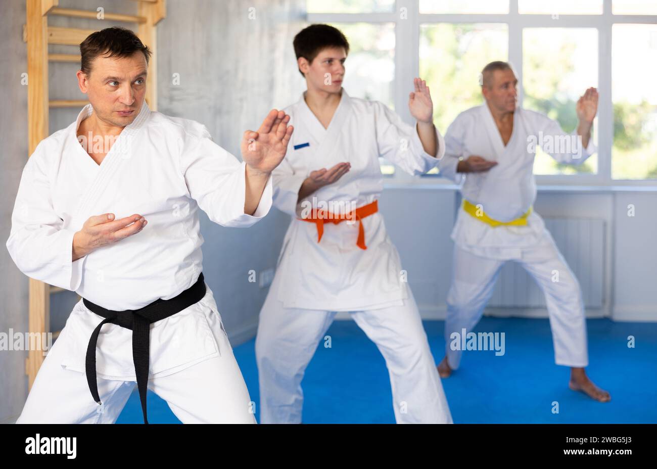 Middle aged man with other athletes of different ages in kimonos try ...
