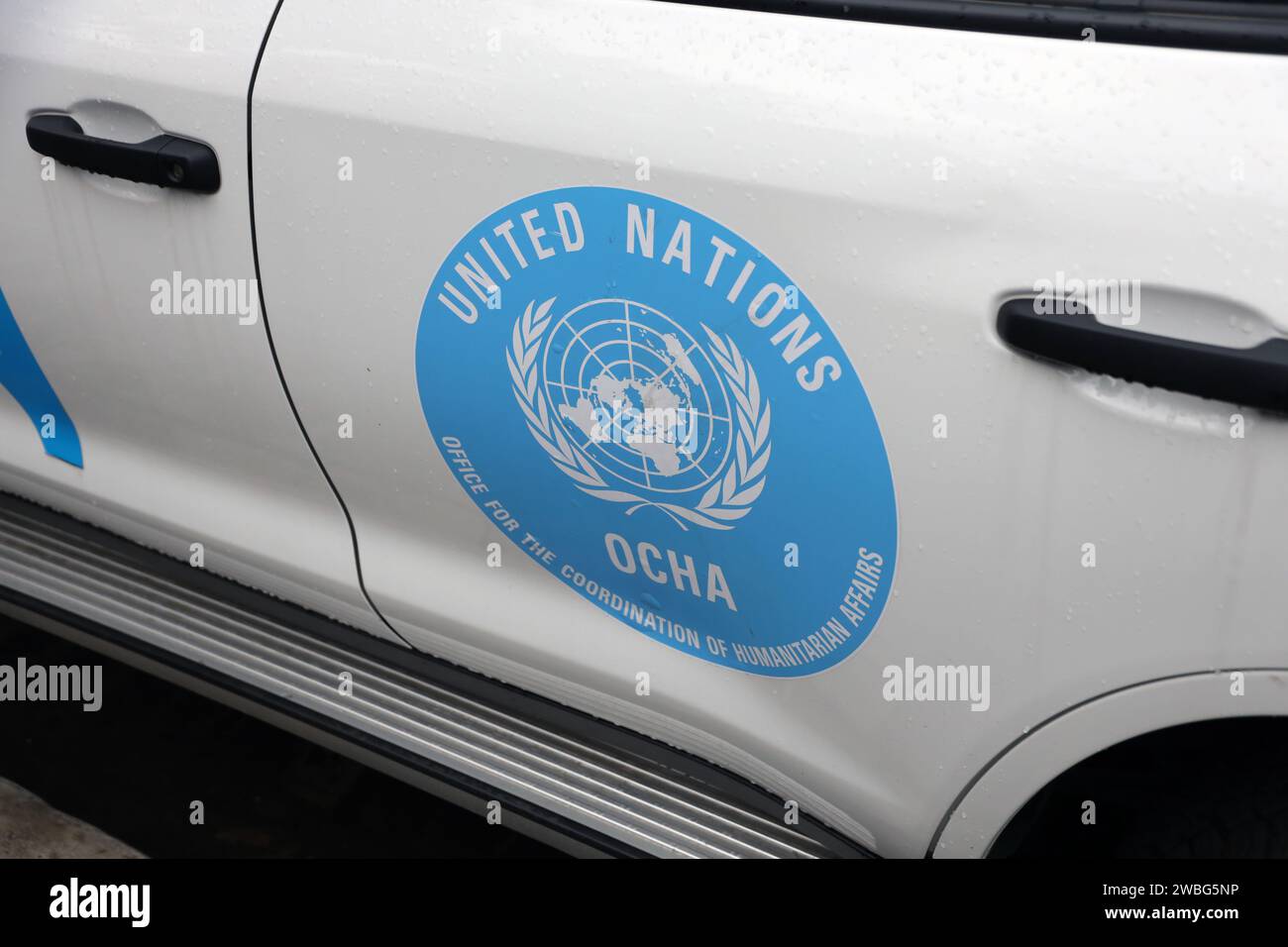 KYIV, UKRAINE 4 MAY, 2023 Logo of UN United Nations OCHA on doors of