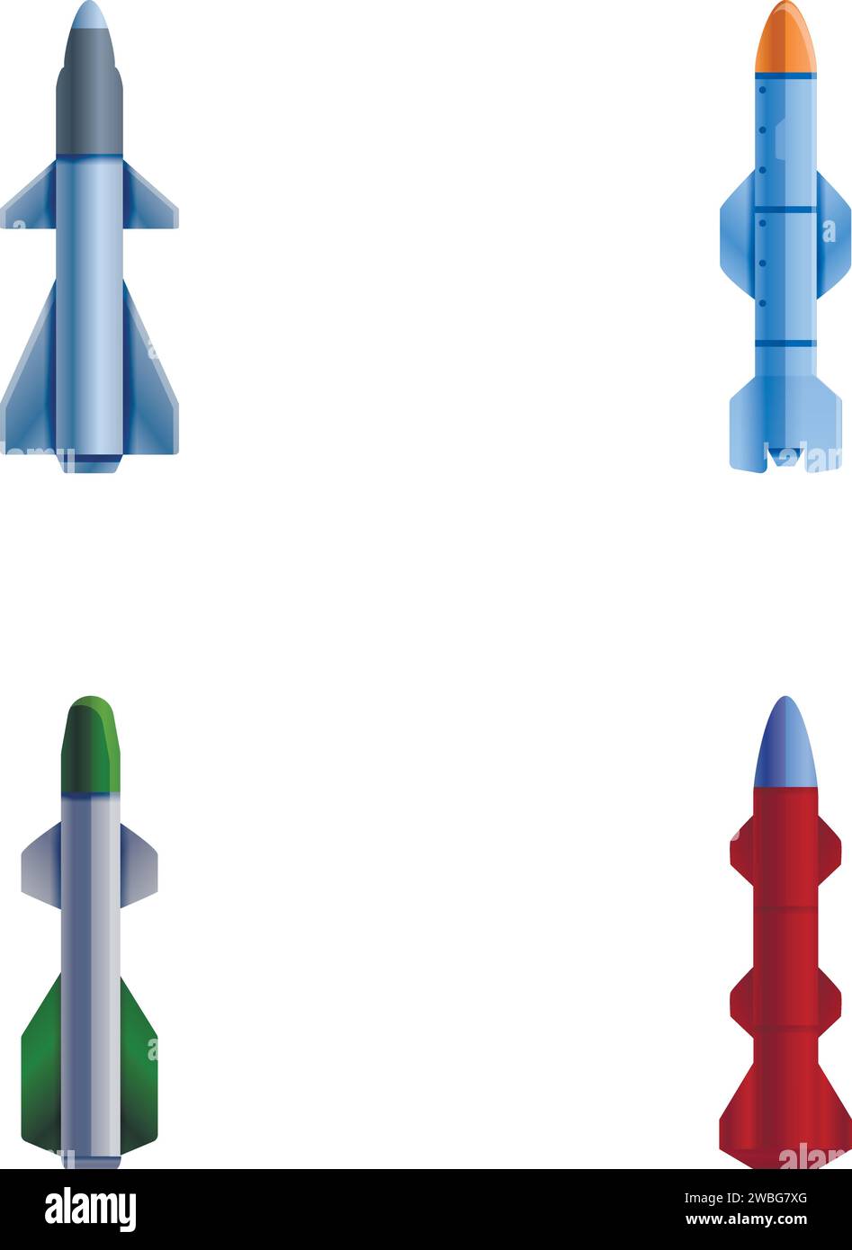 Cruise missile icons set cartoon vector. Military rocket weapon. Destruction equipment for defense Stock Vector
