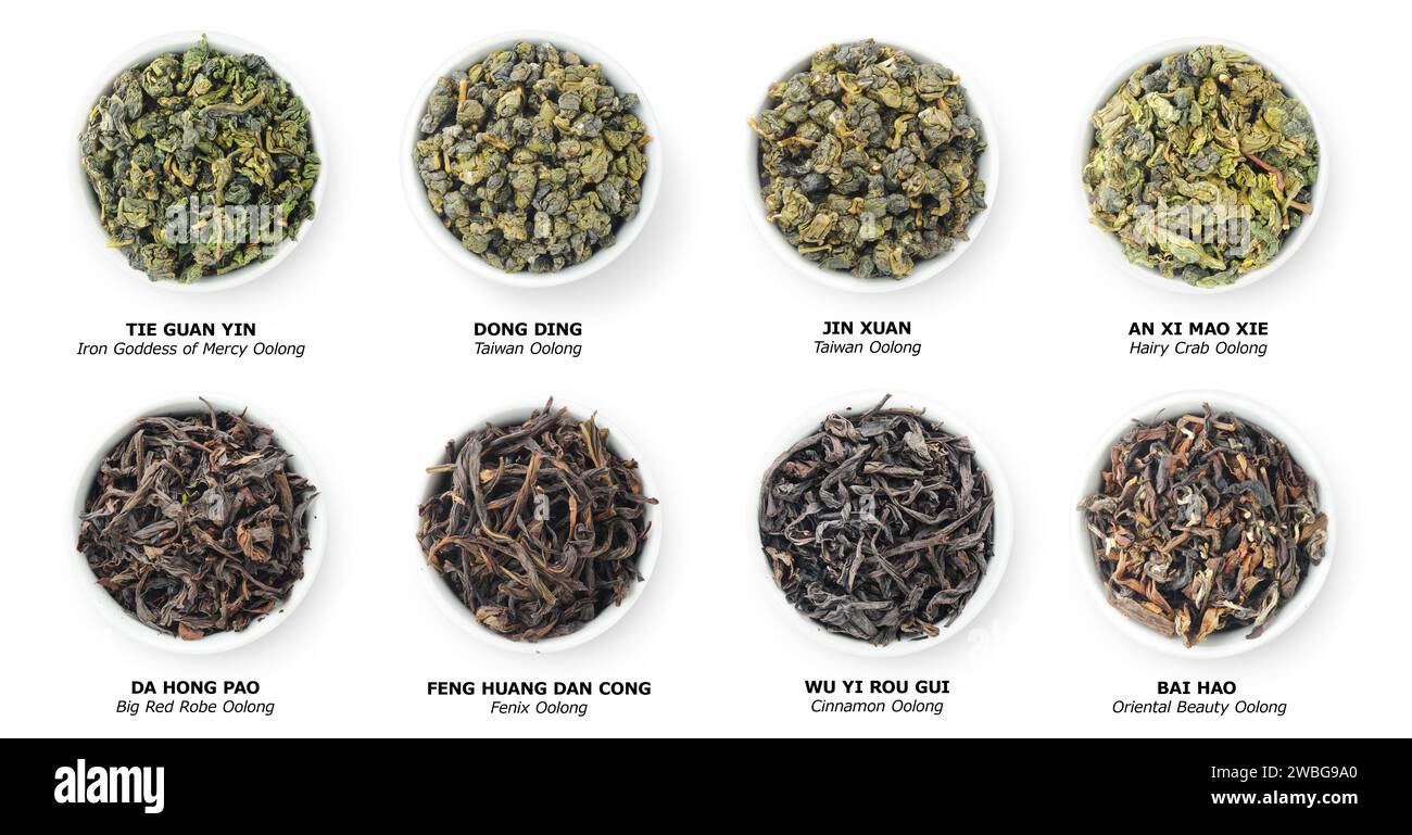 Collection of Chinese oolong teas, loose dries leaves in bowls, top