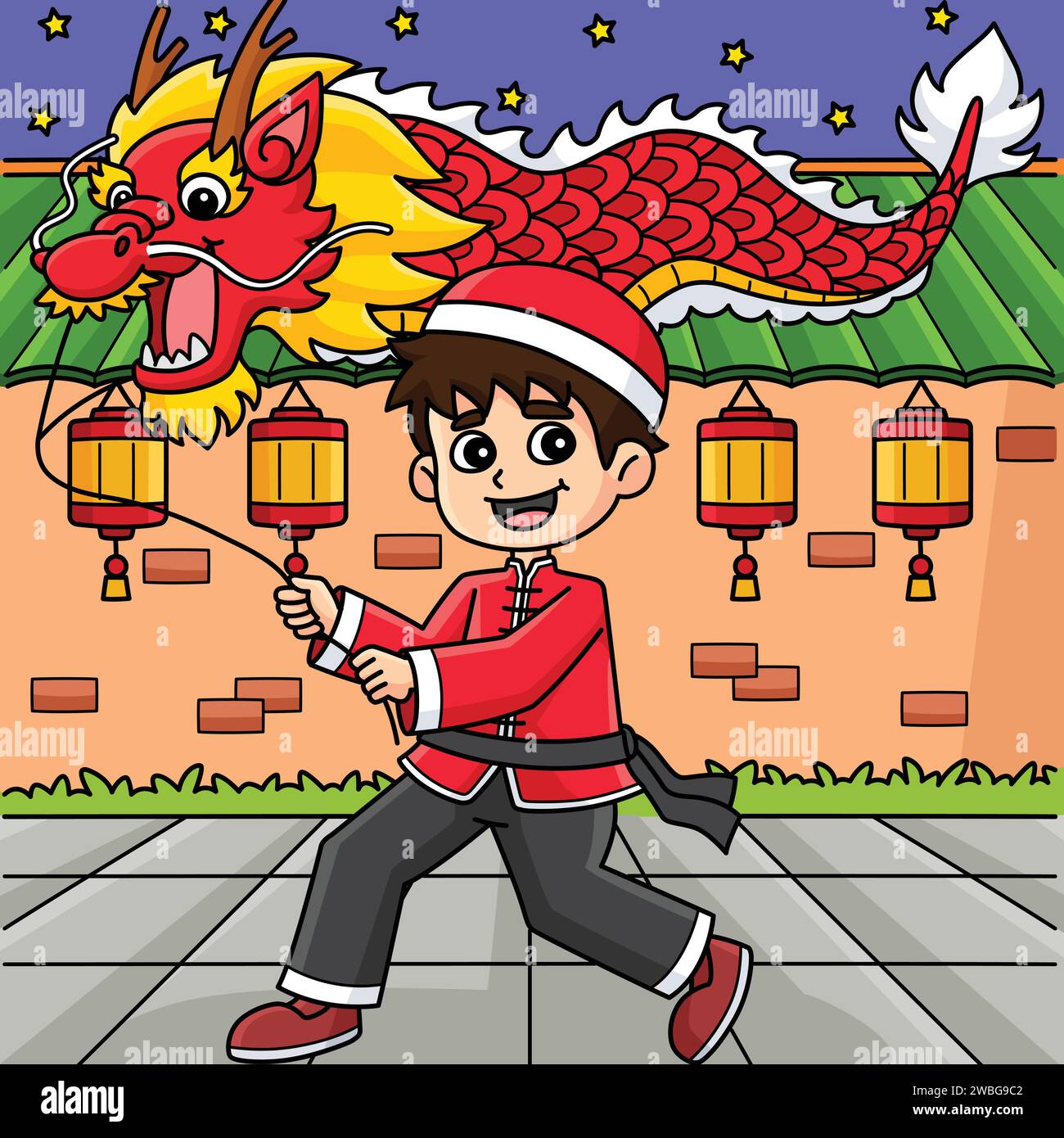 Year of the Dragon Boy with a Lantern Colored Stock Vector Image & Art ...