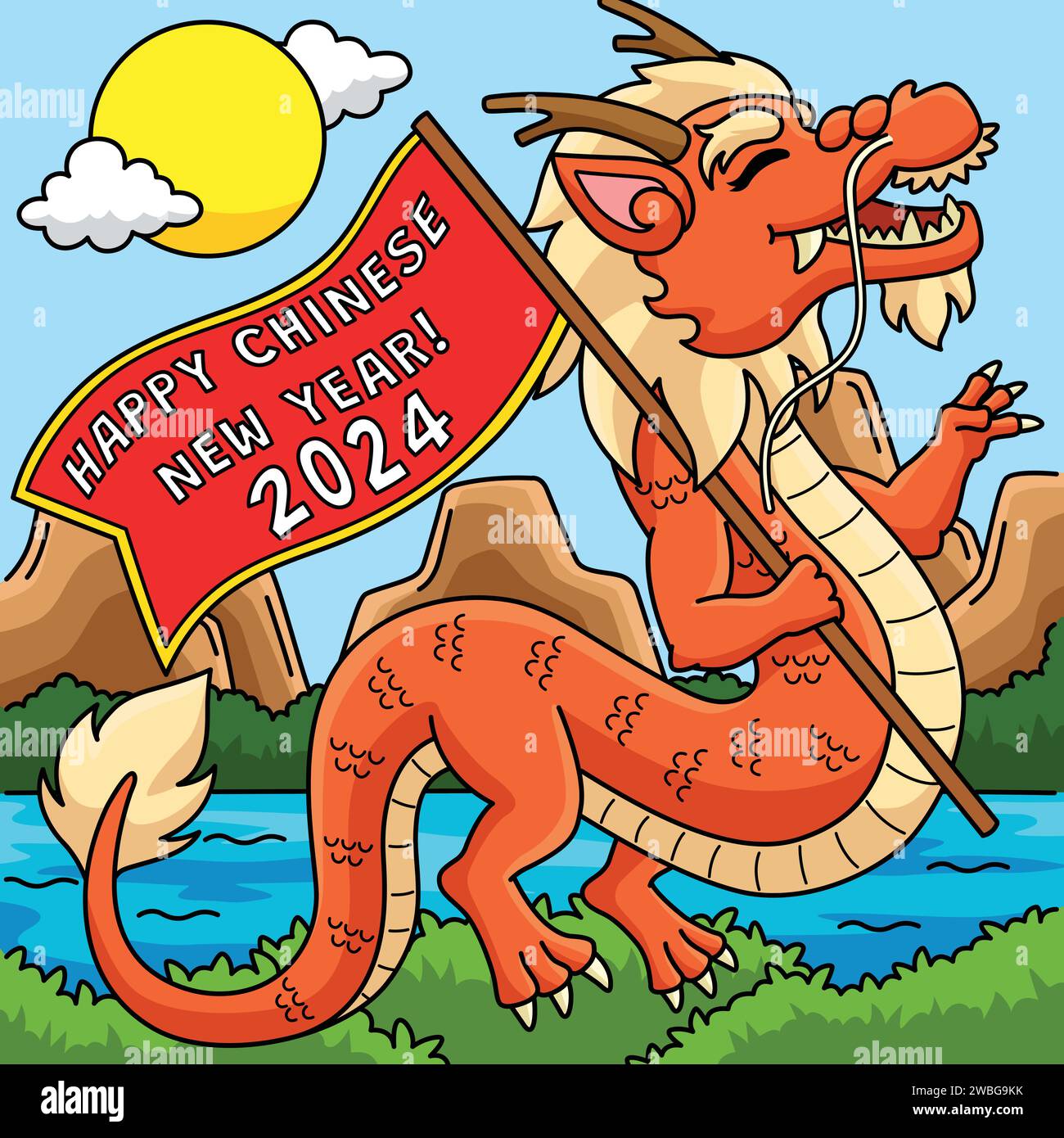 Year of the Dragon Holding a Flag Colored Cartoon Stock Vector Image ...